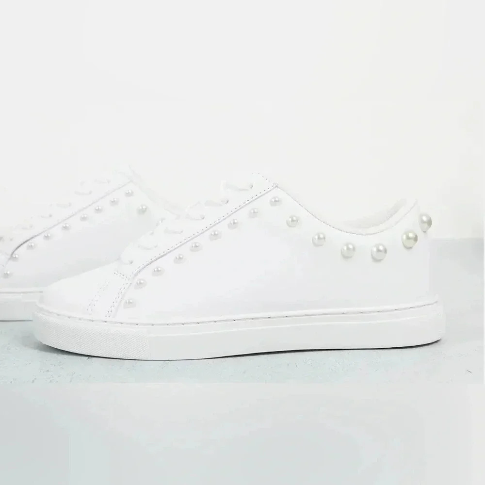 ASOS DESIGN Dollar faux pearl lace up sneakers in white (size 10 Women’s)